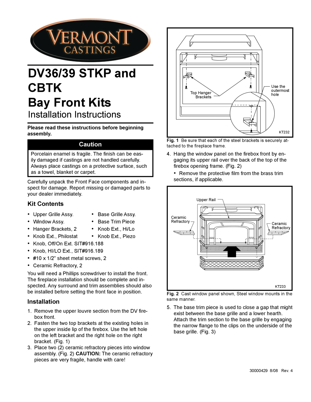 Vermont Casting installation instructions Kit Contents, Installation, DV36/39 STKP and CBTK Bay Front Kits 
