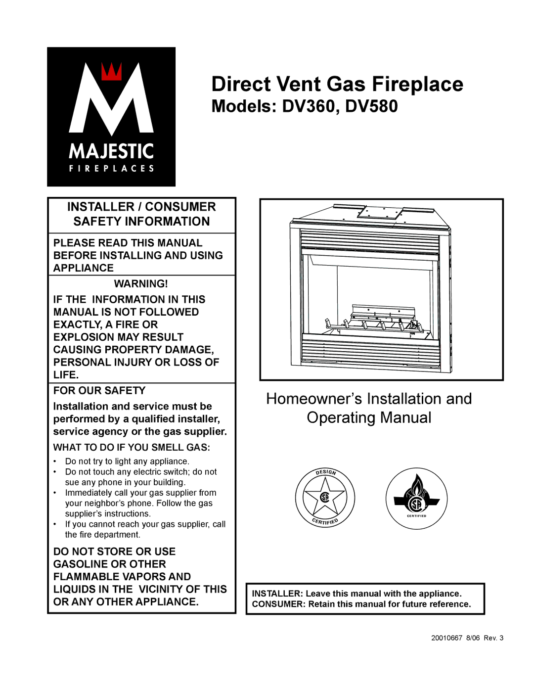 Vermont Casting DV580 manual Direct Vent Gas Fireplace 