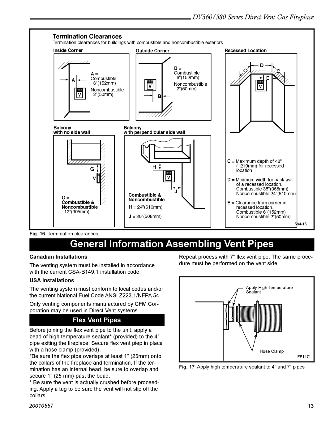 Vermont Casting DV580 manual Flex Vent Pipes, Canadian Installations, USA Installations 