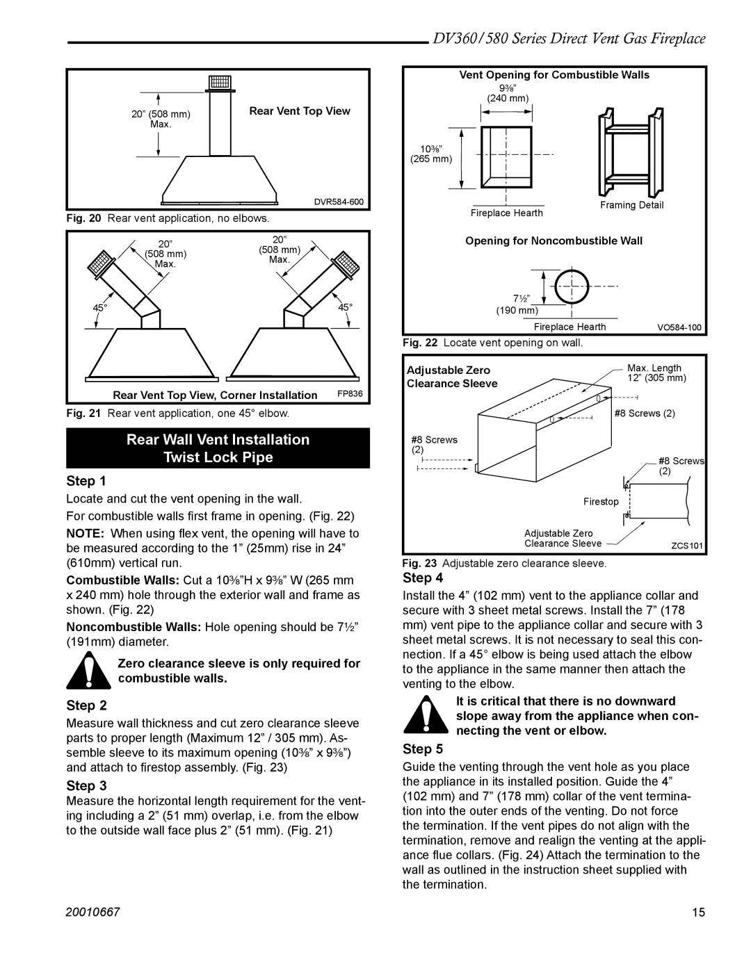 Vermont Casting DV580 manual Rear Wall Vent Installation Twist Lock Pipe 