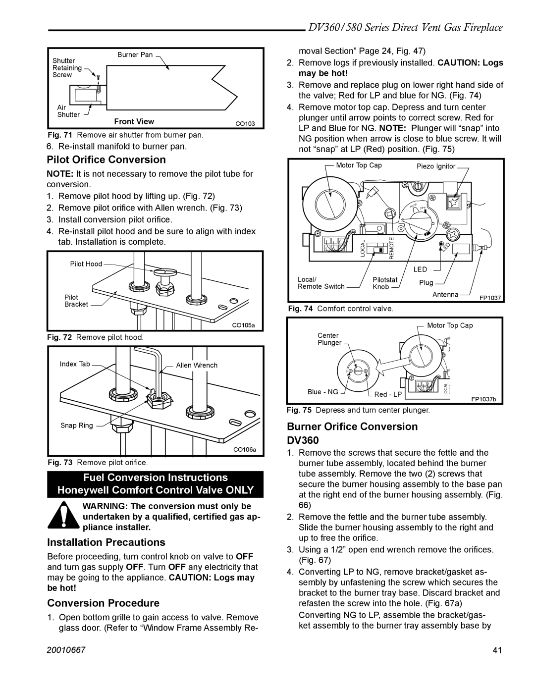 Vermont Casting DV580 manual Pilot Oriﬁce Conversion, Installation Precautions, Conversion Procedure 