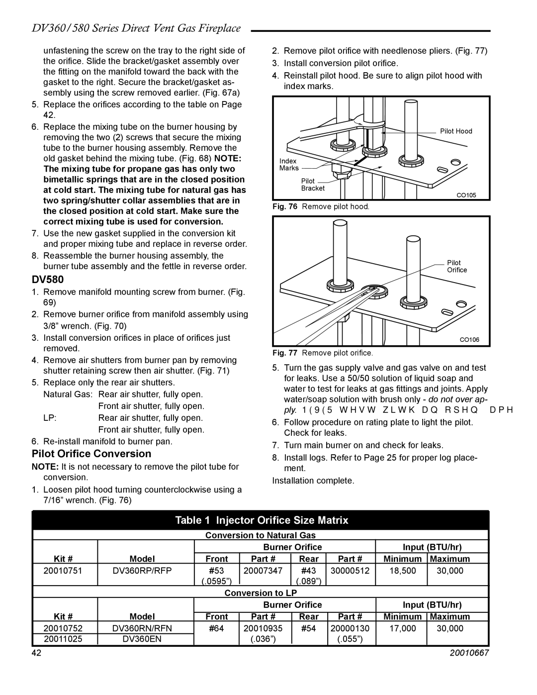 Vermont Casting DV580 manual Injector Oriﬁce Size Matrix 