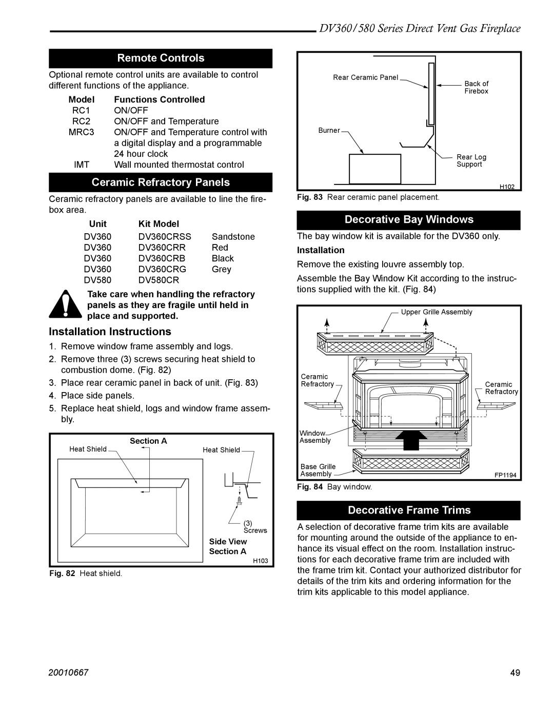 Vermont Casting DV580 manual Remote Controls, Ceramic Refractory Panels, Installation Instructions, Decorative Bay Windows 