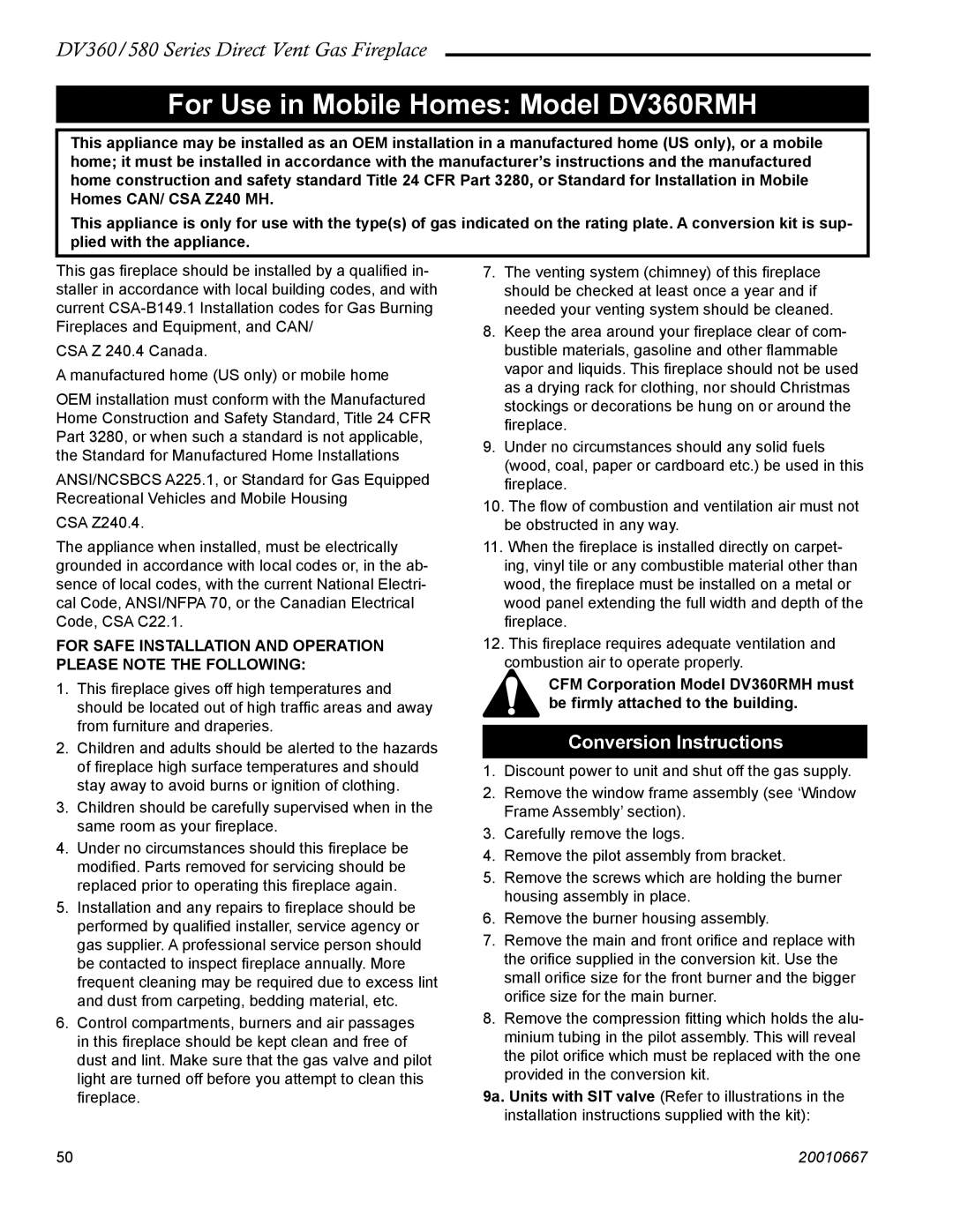 Vermont Casting DV580 manual For Use in Mobile Homes Model DV360RMH, Conversion Instructions 