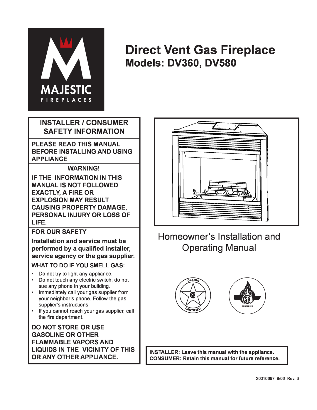 Vermont Casting manual Direct Vent Gas Fireplace, Models DV360, DV580, Homeowner’s Installation and Operating Manual 