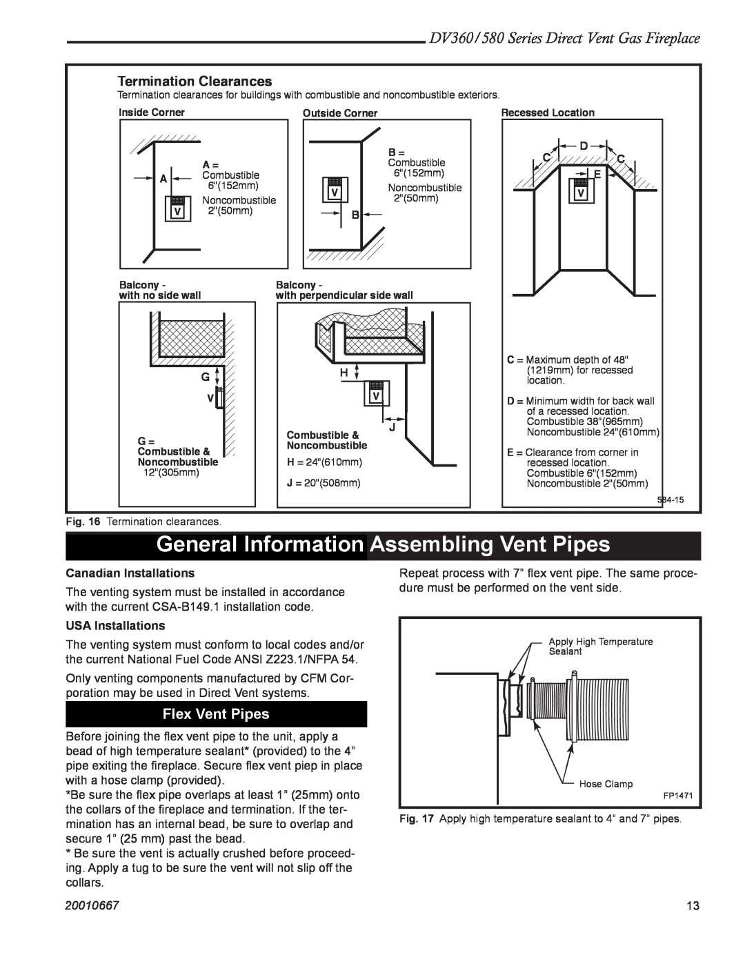 Vermont Casting DV580 General Information Assembling Vent Pipes, Flex Vent Pipes, Termination Clearances, D Cc E, 20010667 