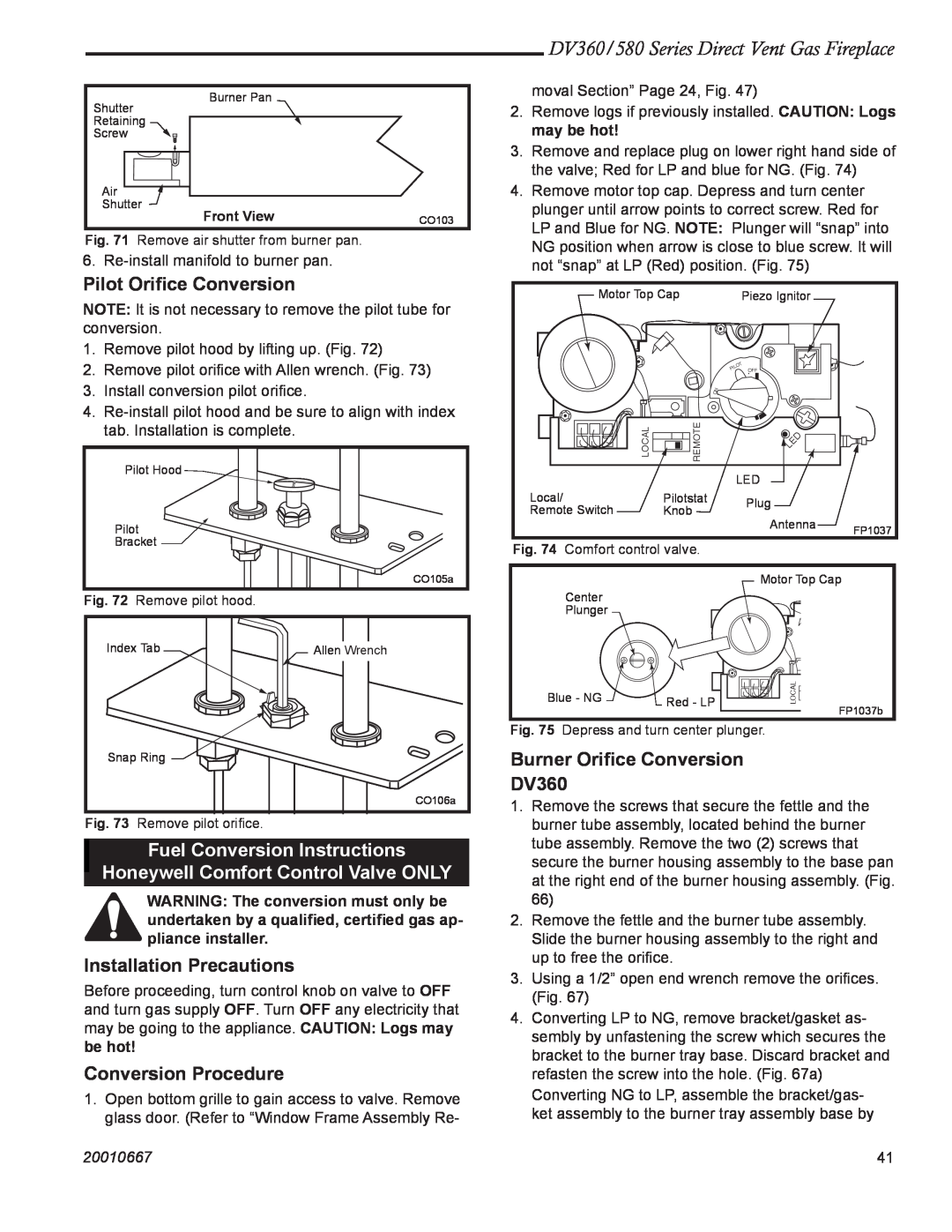 Vermont Casting DV580 Fuel Conversion Instructions Honeywell Comfort Control Valve ONLY, Pilot Oriﬁce Conversion, 20010667 