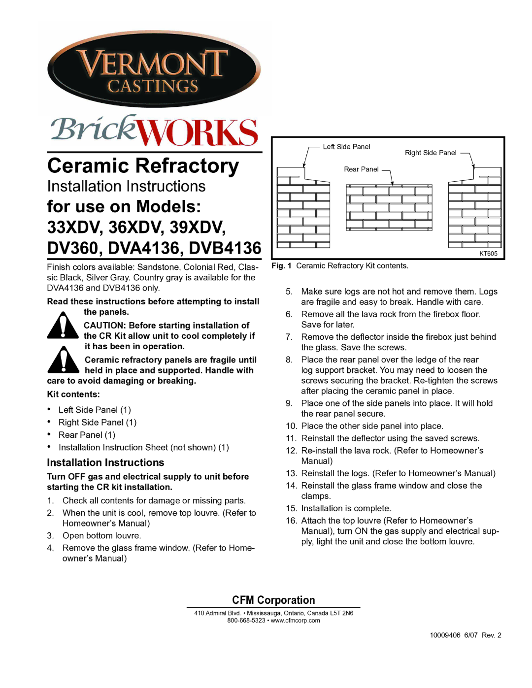 Vermont Casting DVB4136, DVA4136 installation instructions Ceramic Refractory, Installation Instructions 