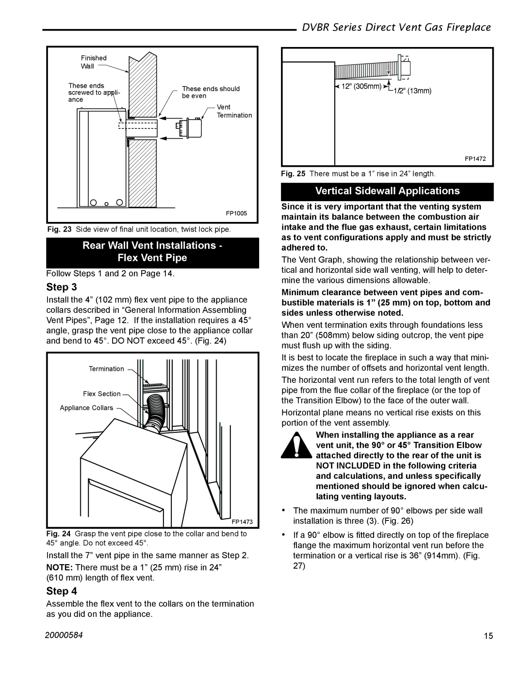 Vermont Casting DVBR36, DVBR42 manual Rear Wall Vent Installations Flex Vent Pipe, Vertical Sidewall Applications 