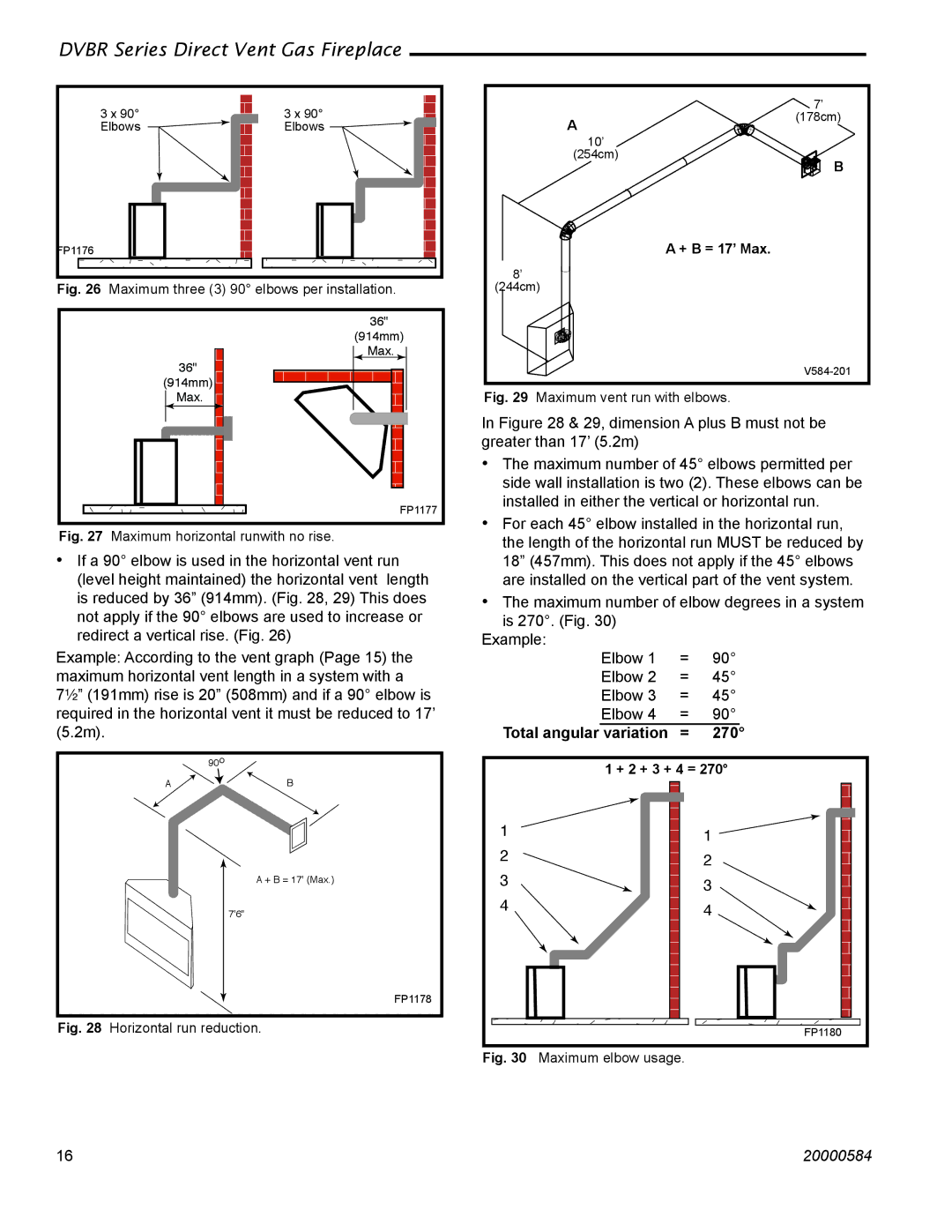 Vermont Casting DVBR42, DVBR36 manual Total angular variation 270, Horizontal run reduction 