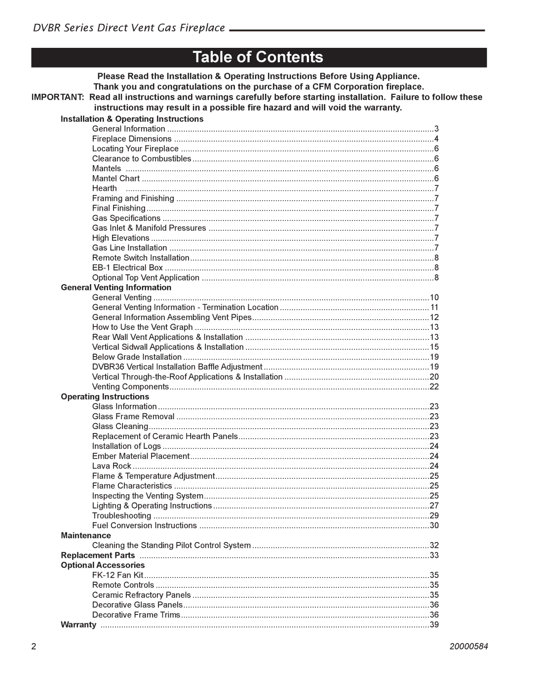 Vermont Casting DVBR42, DVBR36 manual Table of Contents 