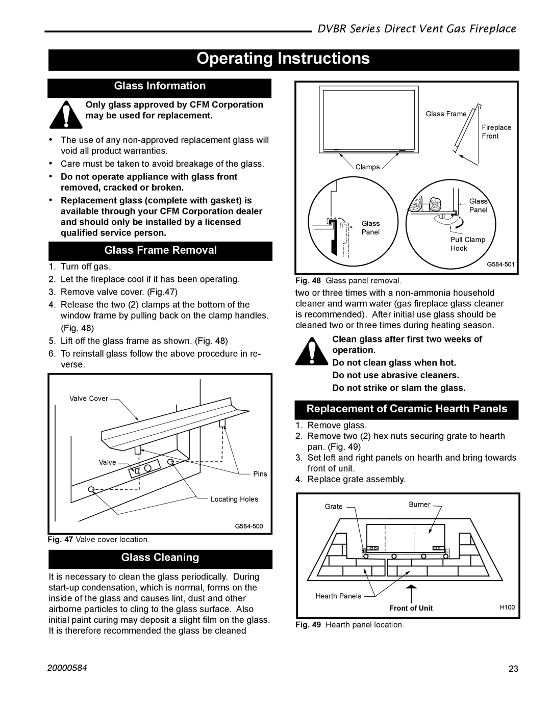 Vermont Casting DVBR36, DVBR42 manual Operating Instructions, Glass Information, Glass Frame Removal, Glass Cleaning 