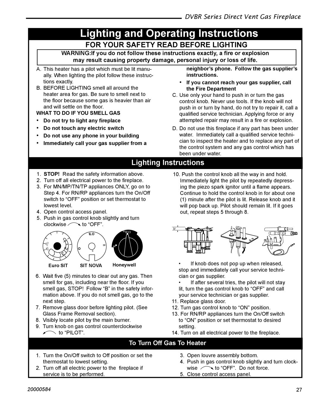 Vermont Casting DVBR36, DVBR42 manual Lighting and Operating Instructions, To Turn Off Gas To Heater 