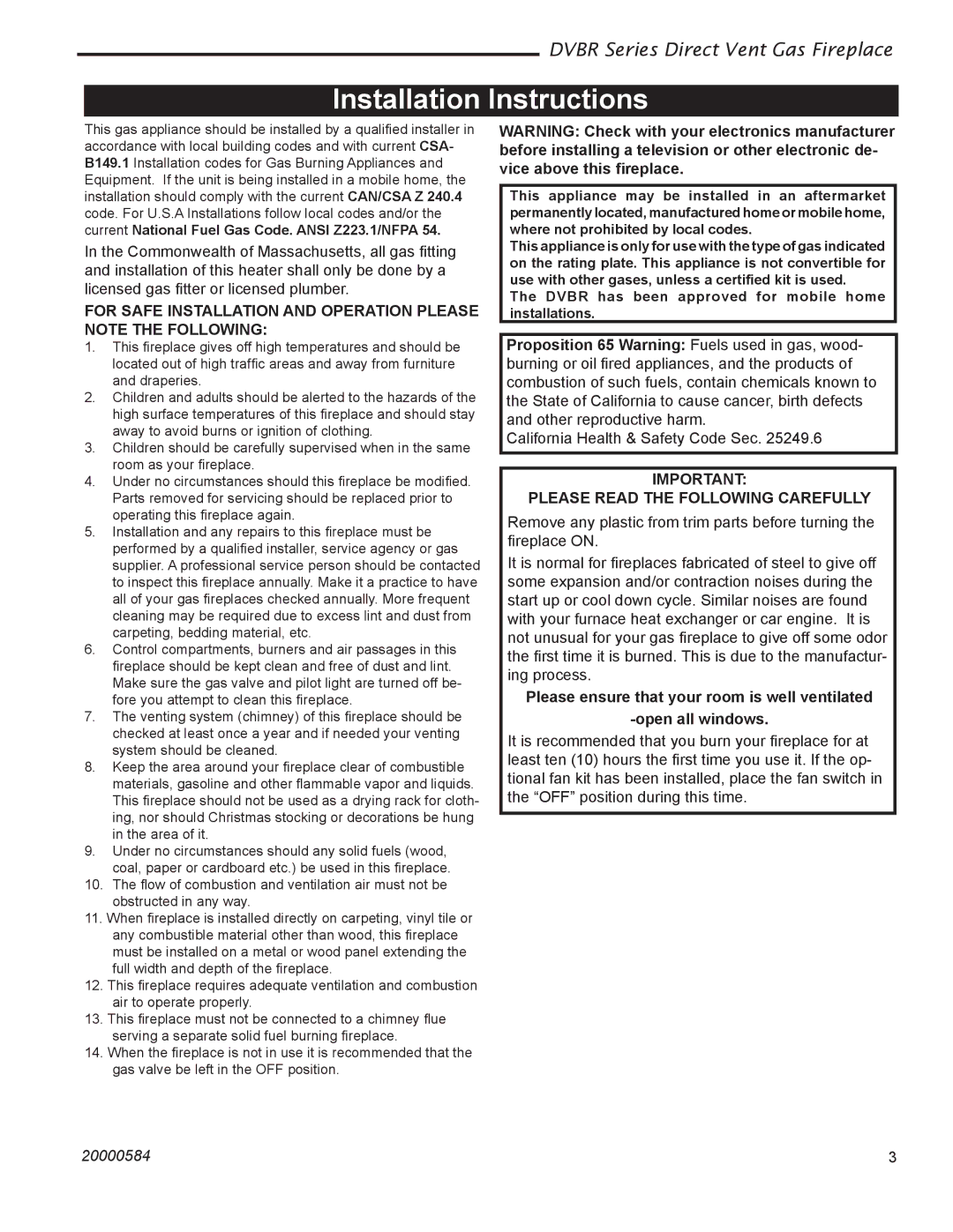 Vermont Casting DVBR36, DVBR42 manual Installation Instructions, Please Read the Following Carefully 