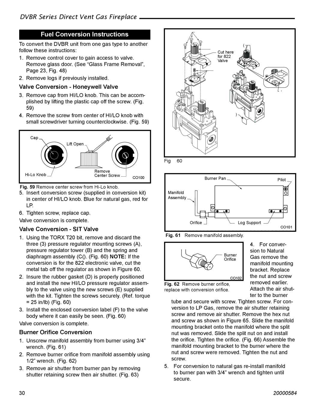 Vermont Casting DVBR42, DVBR36 manual Fuel Conversion Instructions, Valve Conversion Honeywell Valve 