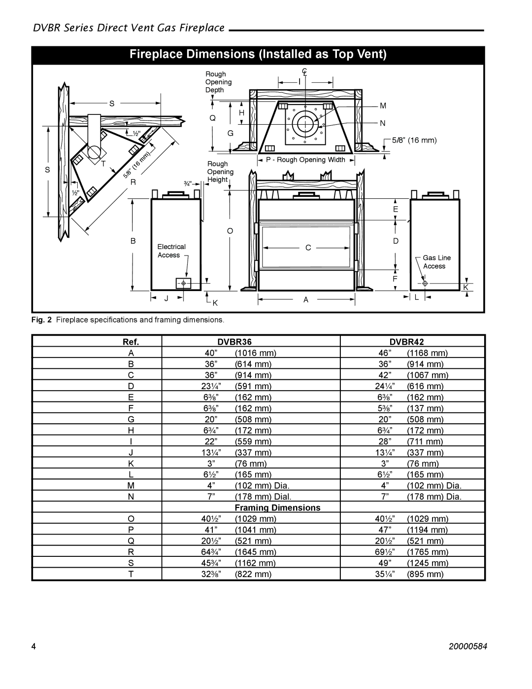 Vermont Casting DVBR42, DVBR36 manual Fireplace Dimensions Installed as Top Vent, Framing Dimensions 