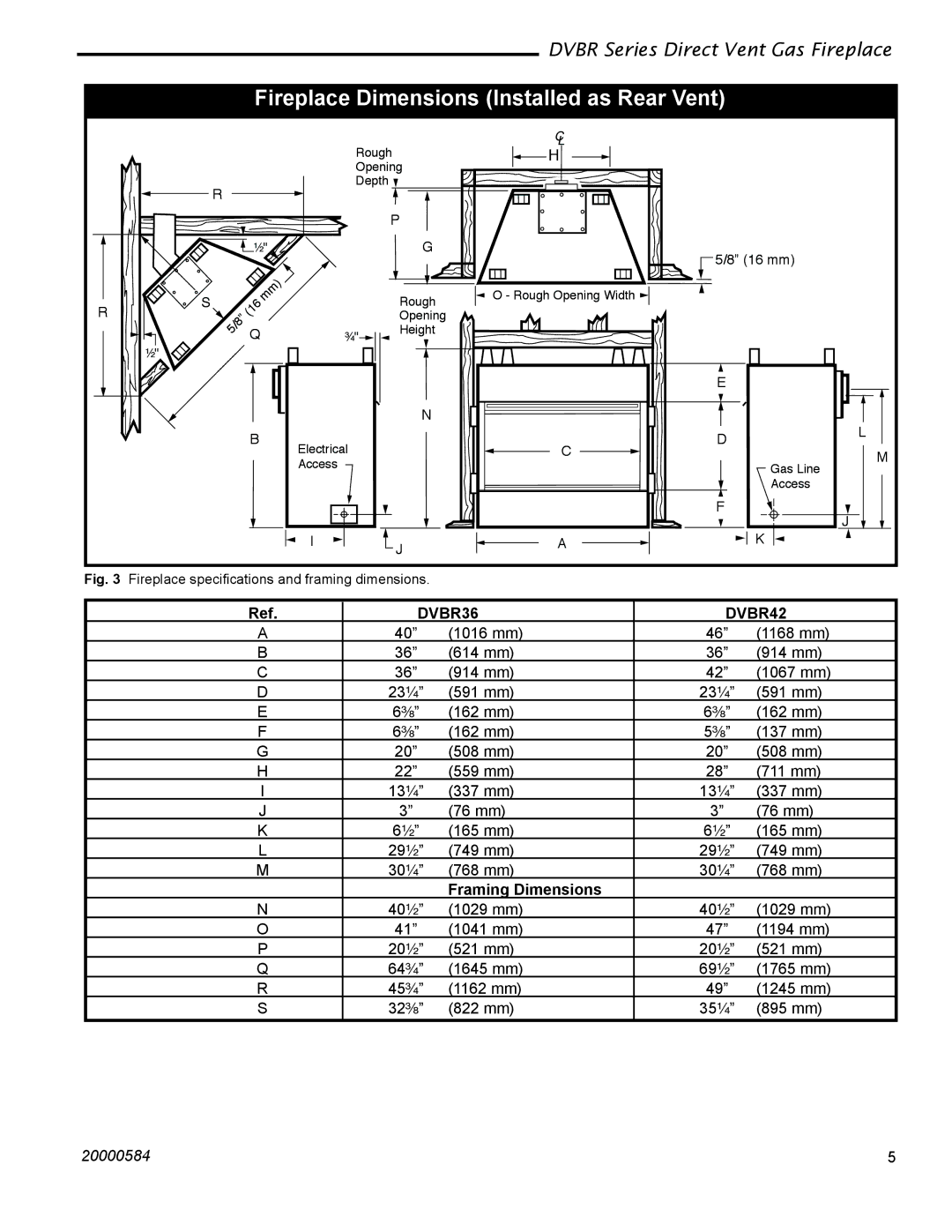 Vermont Casting DVBR36, DVBR42 manual Fireplace Dimensions Installed as Rear Vent 