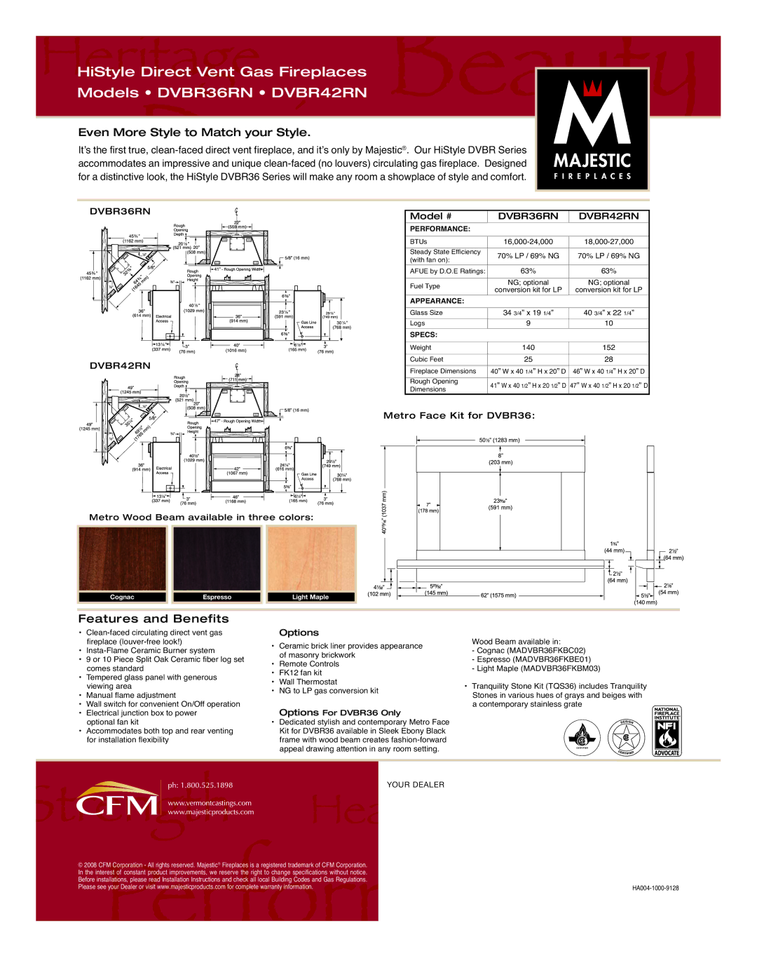 Vermont Casting manual HiStyle Direct Vent Gas Fireplaces Models DVBR36RN DVBR42RN, Even More Style to Match your Style 