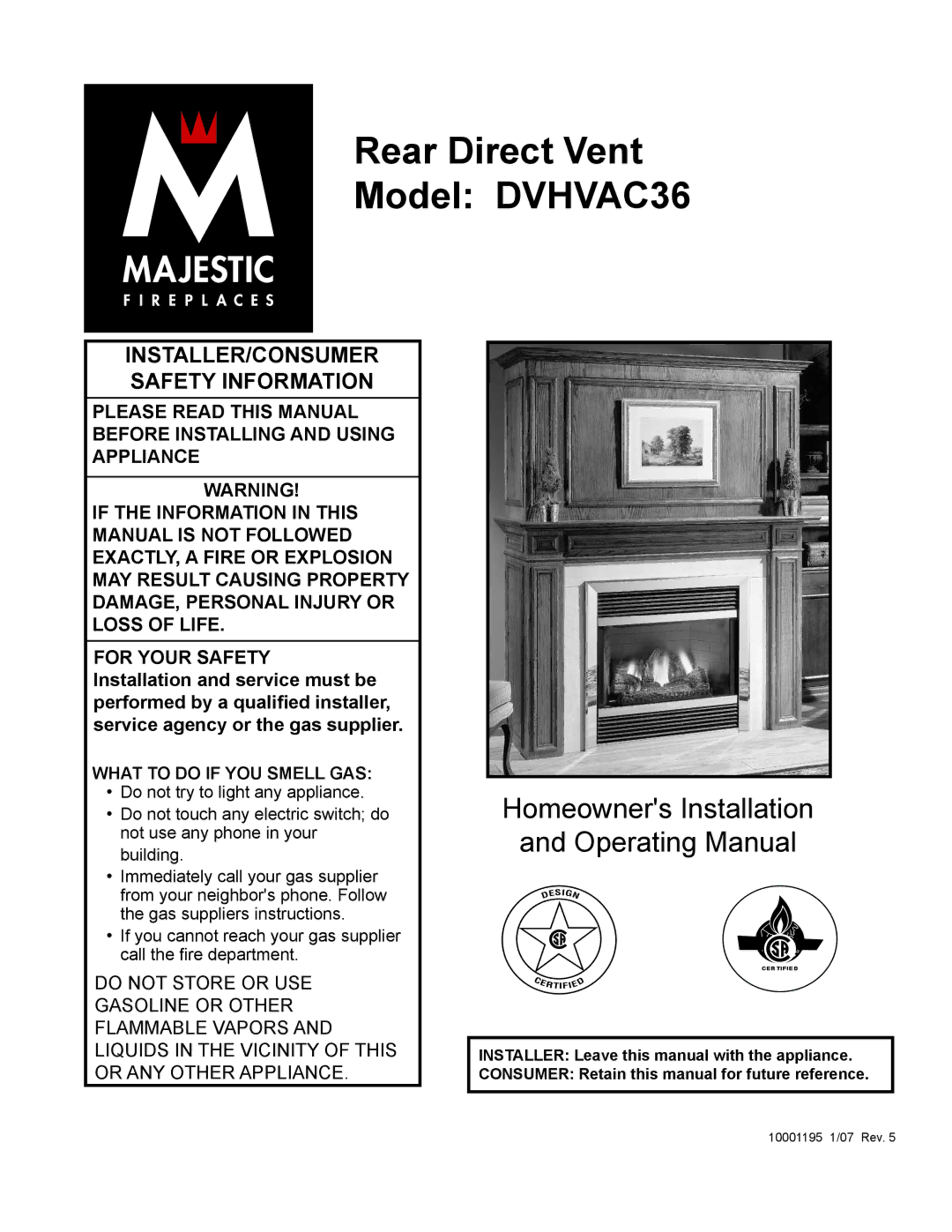 Vermont Casting manual Rear Direct Vent Model DVHVAC36 