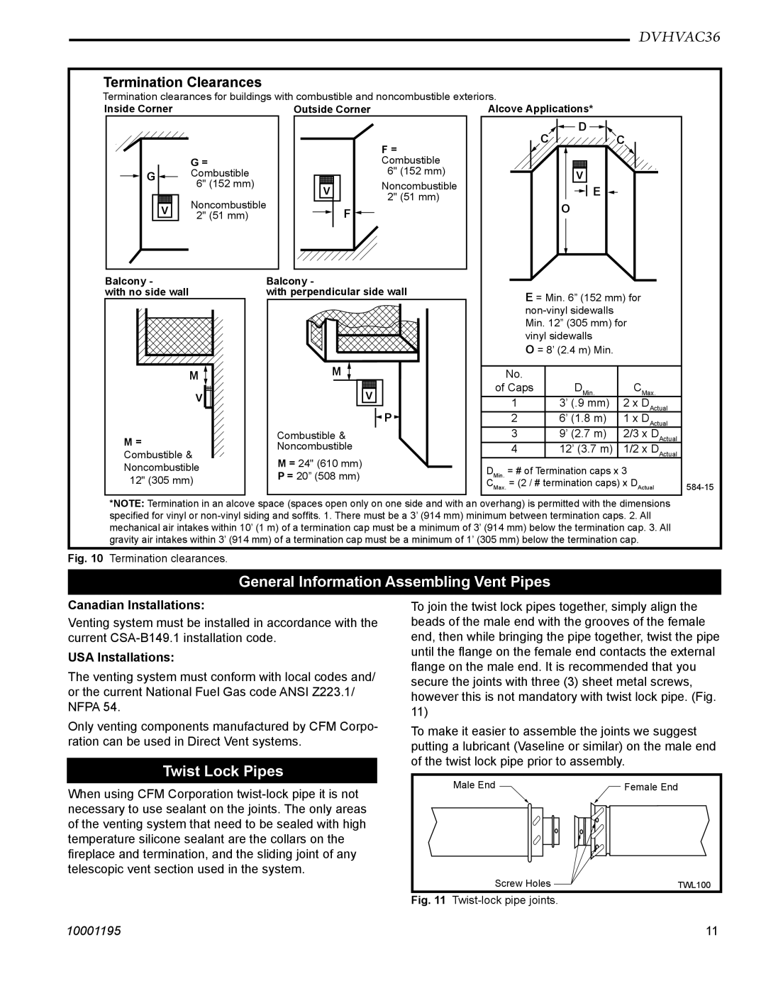 Vermont Casting DVHVAC36 manual General Information Assembling Vent Pipes, Twist Lock Pipes, Canadian Installations 