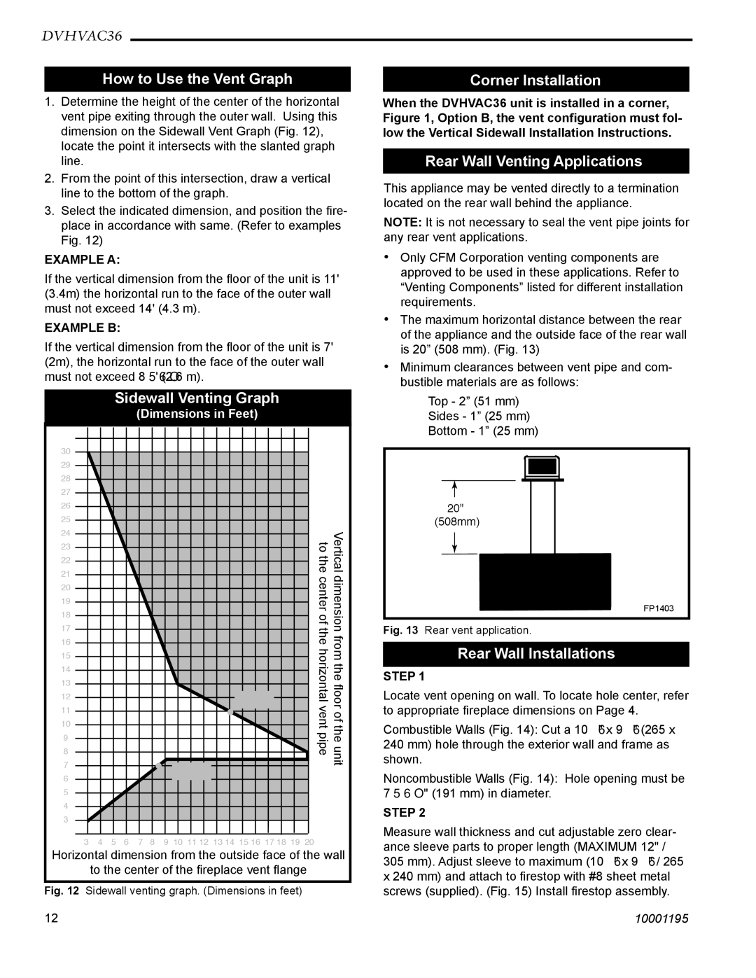 Vermont Casting DVHVAC36 How to Use the Vent Graph, Sidewall Venting Graph, Corner Installation, Rear Wall Installations 