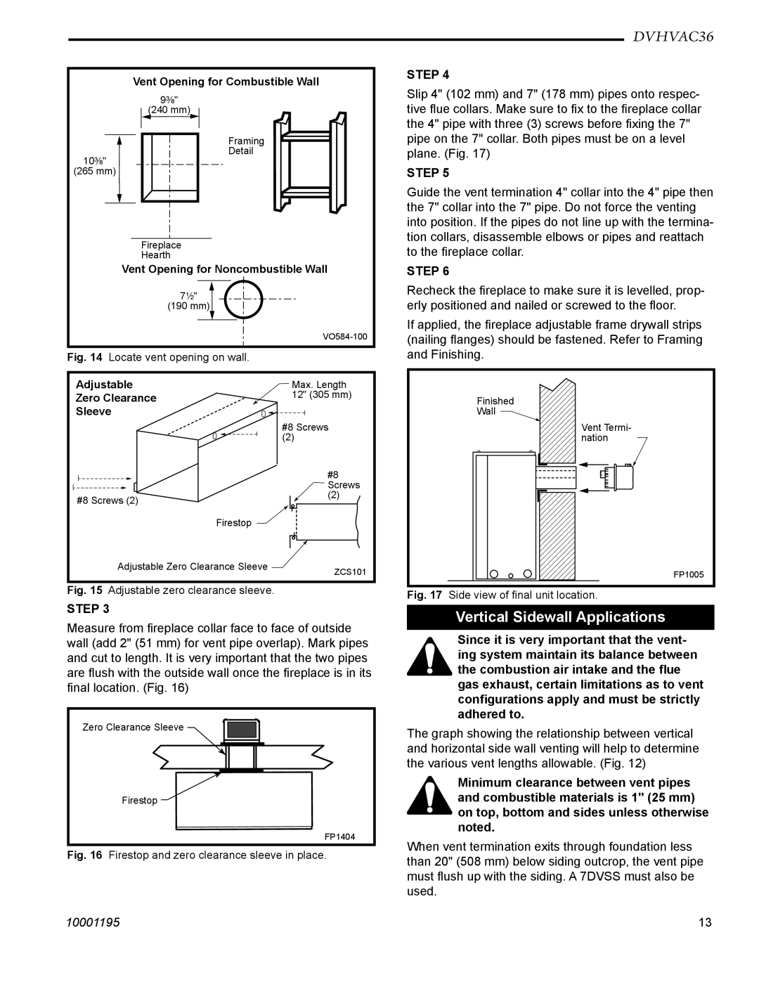 Vermont Casting DVHVAC36 manual Vertical Sidewall Applications, Locate vent opening on wall 