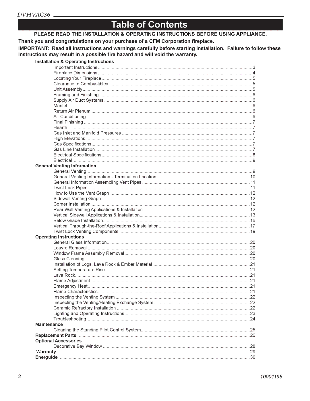 Vermont Casting DVHVAC36 manual Table of Contents 