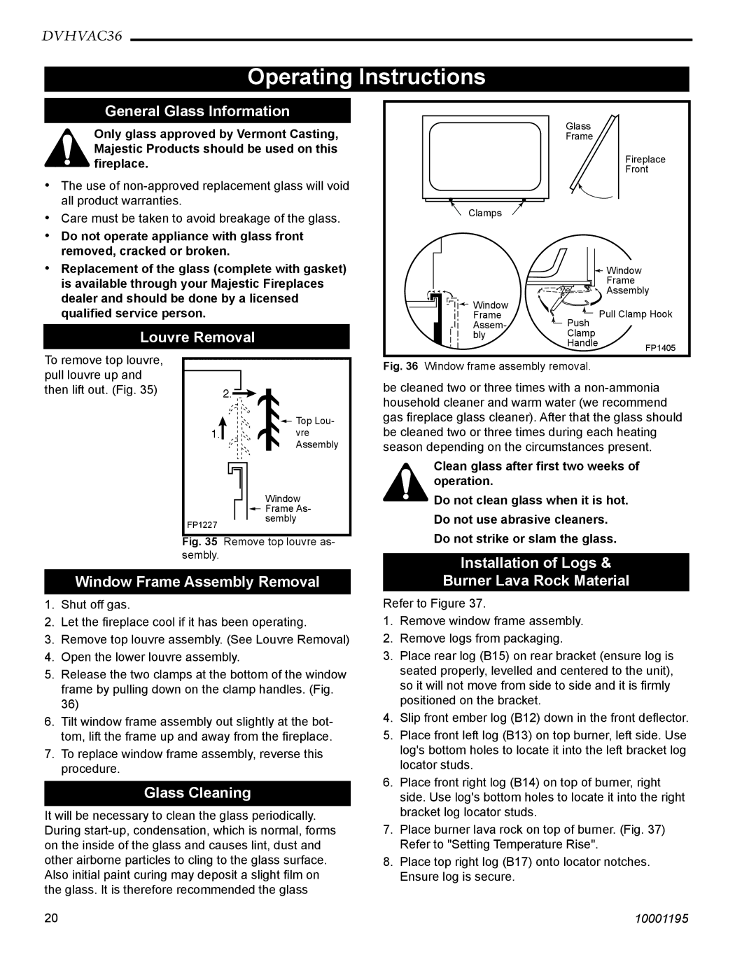 Vermont Casting DVHVAC36 manual Operating Instructions 