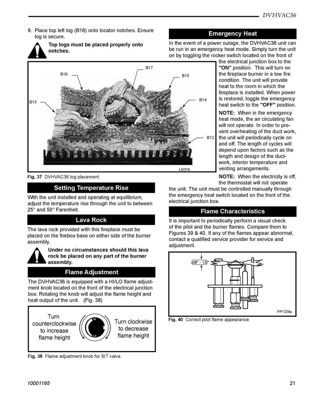 Vermont Casting DVHVAC36 Setting Temperature Rise, Lava Rock, Flame Adjustment, Emergency Heat, Flame Characteristics 