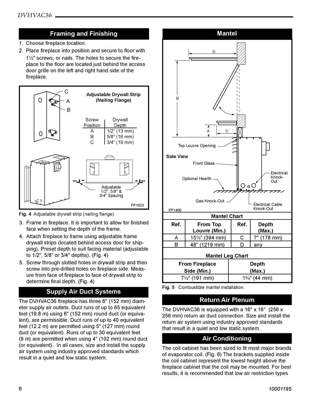 Vermont Casting DVHVAC36 manual Framing and Finishing, Supply Air Duct Systems, Mantel, Return Air Plenum, Air Conditioning 