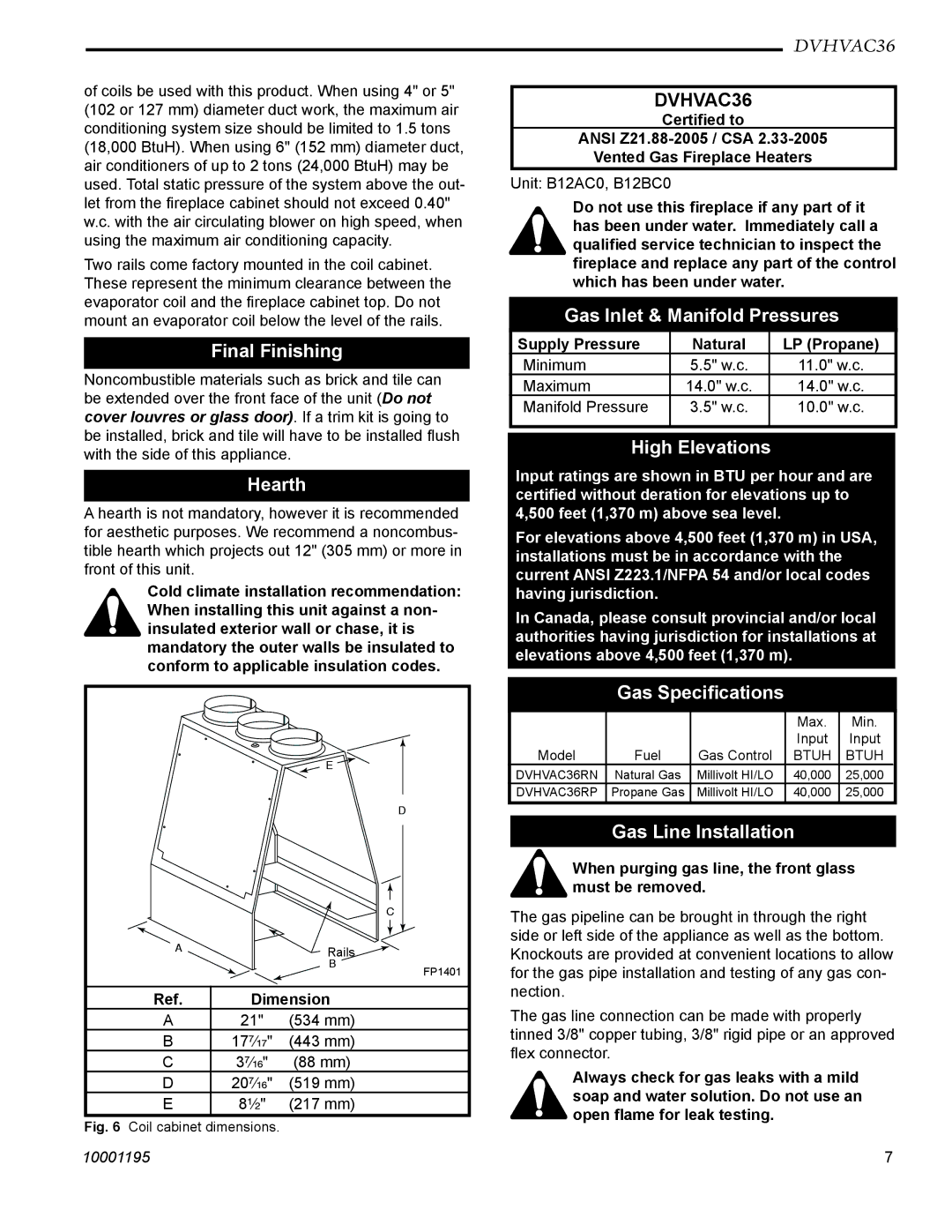 Vermont Casting DVHVAC36 manual Final Finishing, Hearth, Gas Inlet & Manifold Pressures, High Elevations, Gas Speciﬁcations 