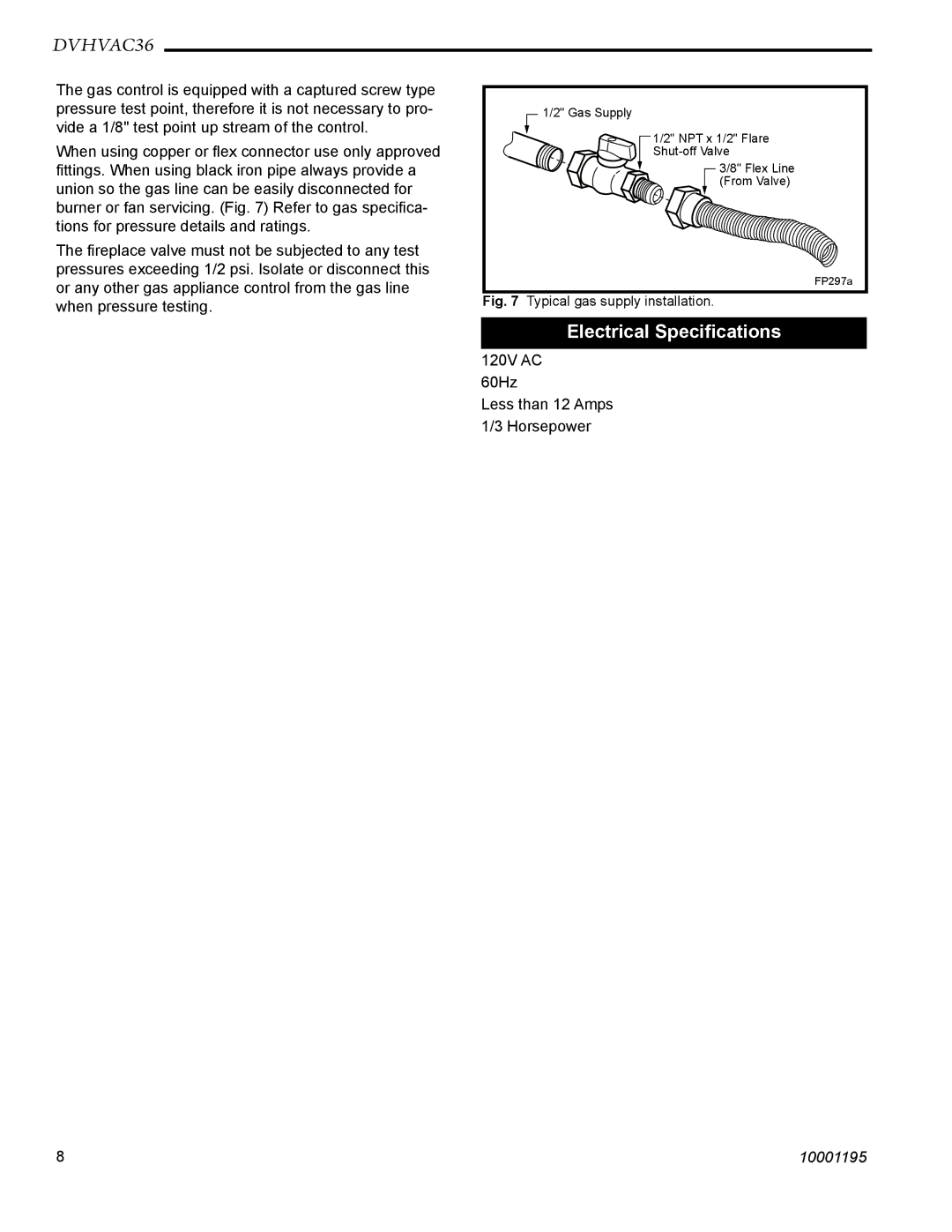 Vermont Casting DVHVAC36 manual Electrical Speciﬁcations, Typical gas supply installation 