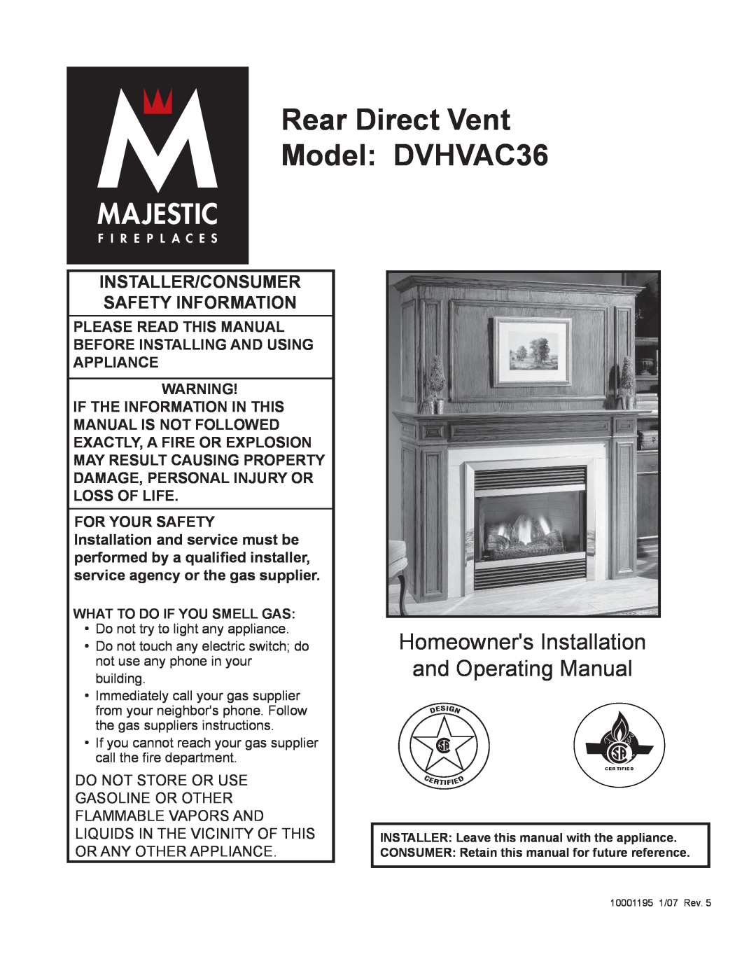 Vermont Casting manual Rear Direct Vent Model DVHVAC36, Homeowners Installation and Operating Manual 