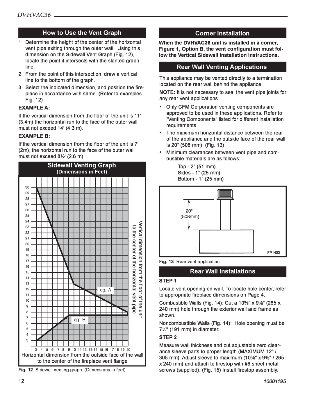 Vermont Casting DVHVAC36 How to Use the Vent Graph, Sidewall Venting Graph, Corner Installation, Rear Wall Installations 