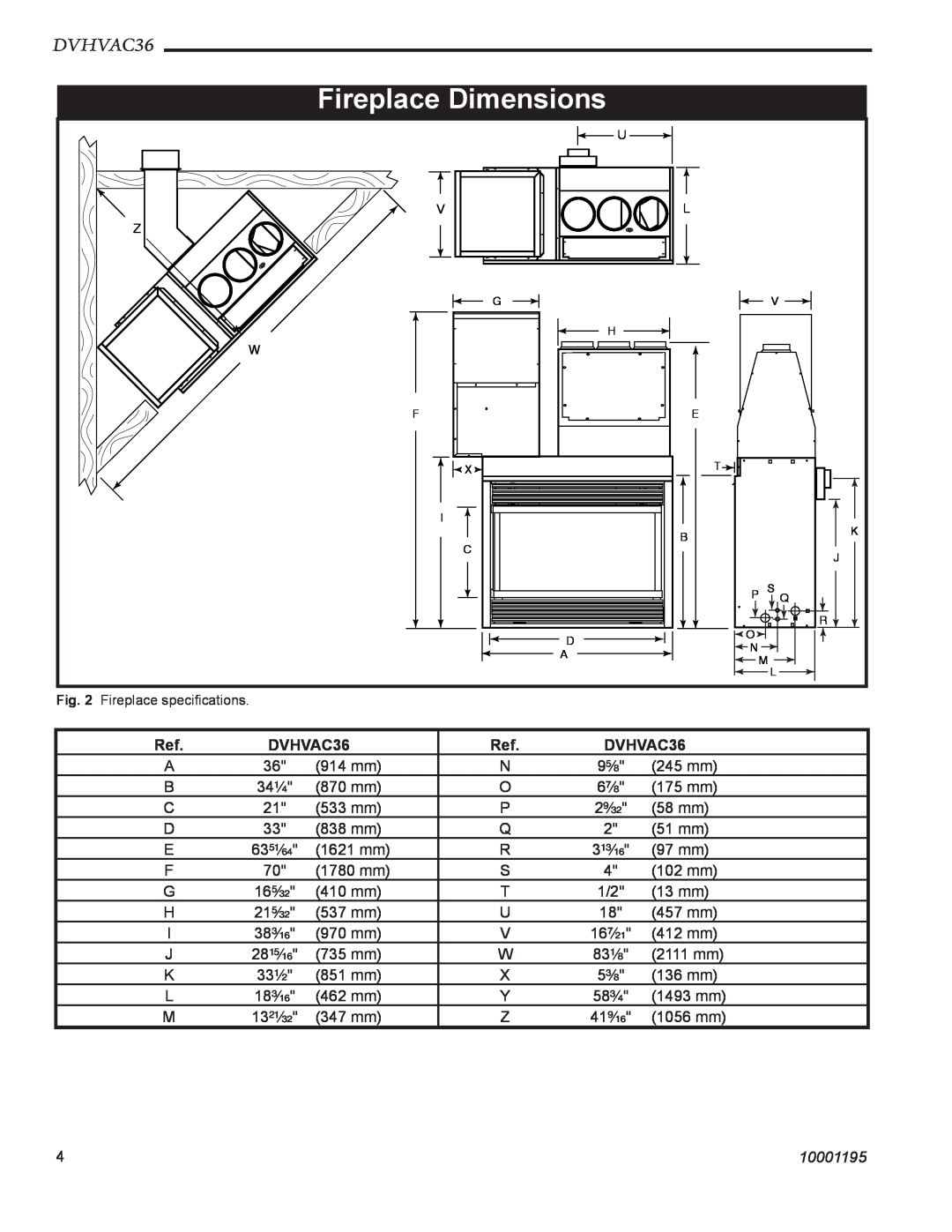 Vermont Casting DVHVAC36 manual Fireplace Dimensions, 10001195 