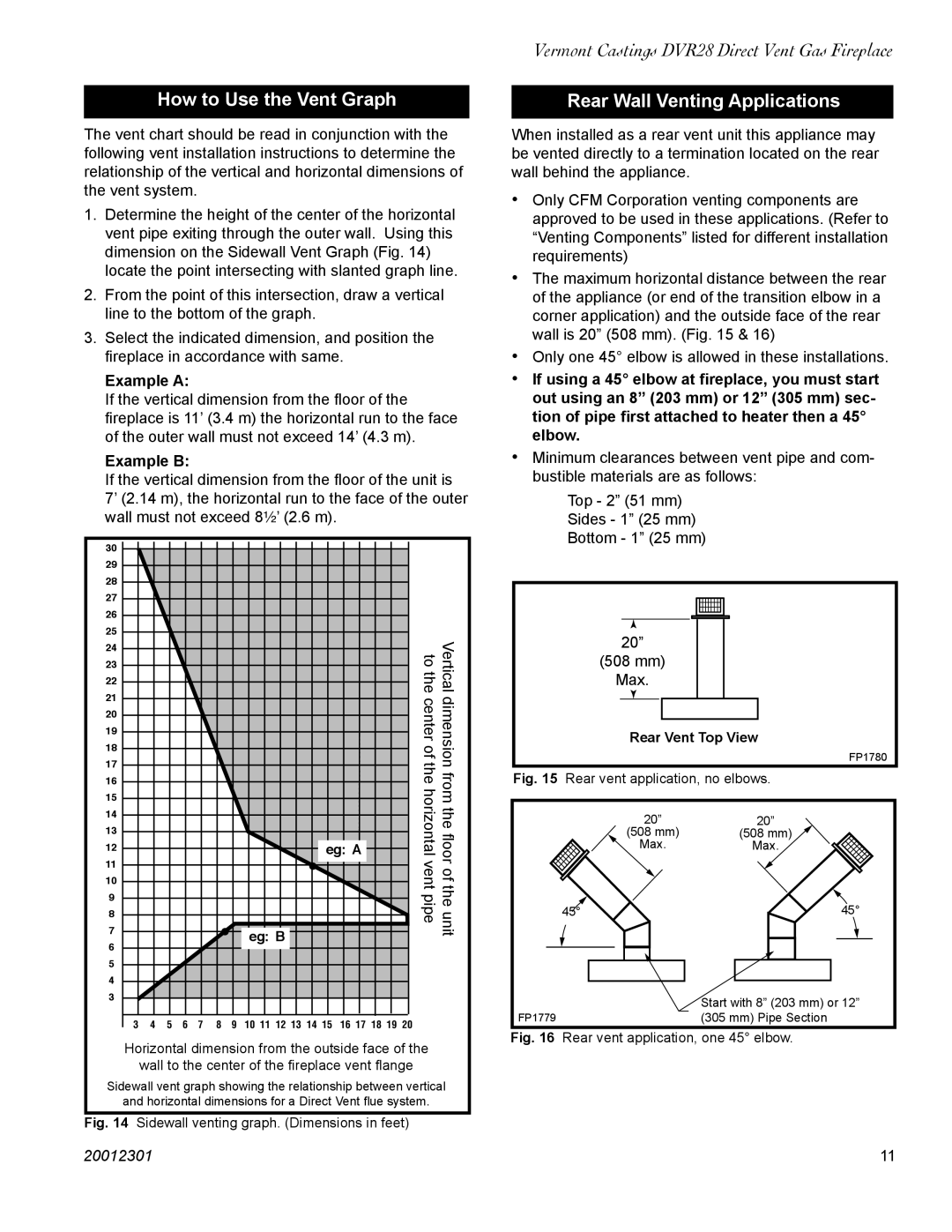 Vermont Casting DVR28IN How to Use the Vent Graph, Rear Wall Venting Applications, Example a, Example B 