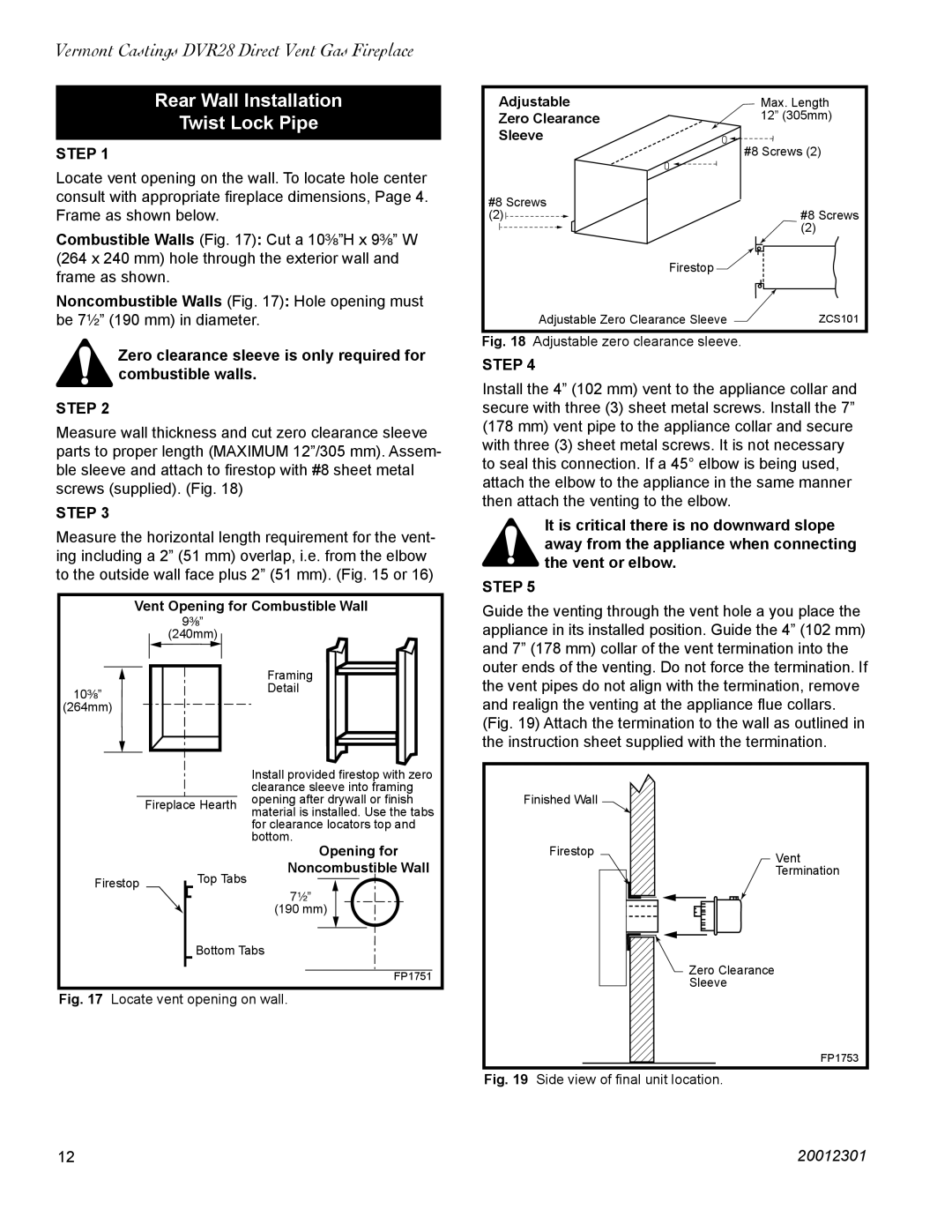 Vermont Casting DVR28IN installation instructions Rear Wall Installation Twist Lock Pipe 