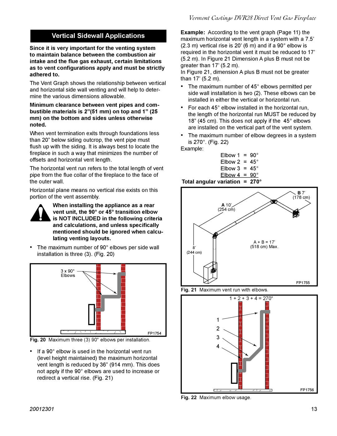 Vermont Casting DVR28IN installation instructions Vertical Sidewall Applications, Total angular variation = 