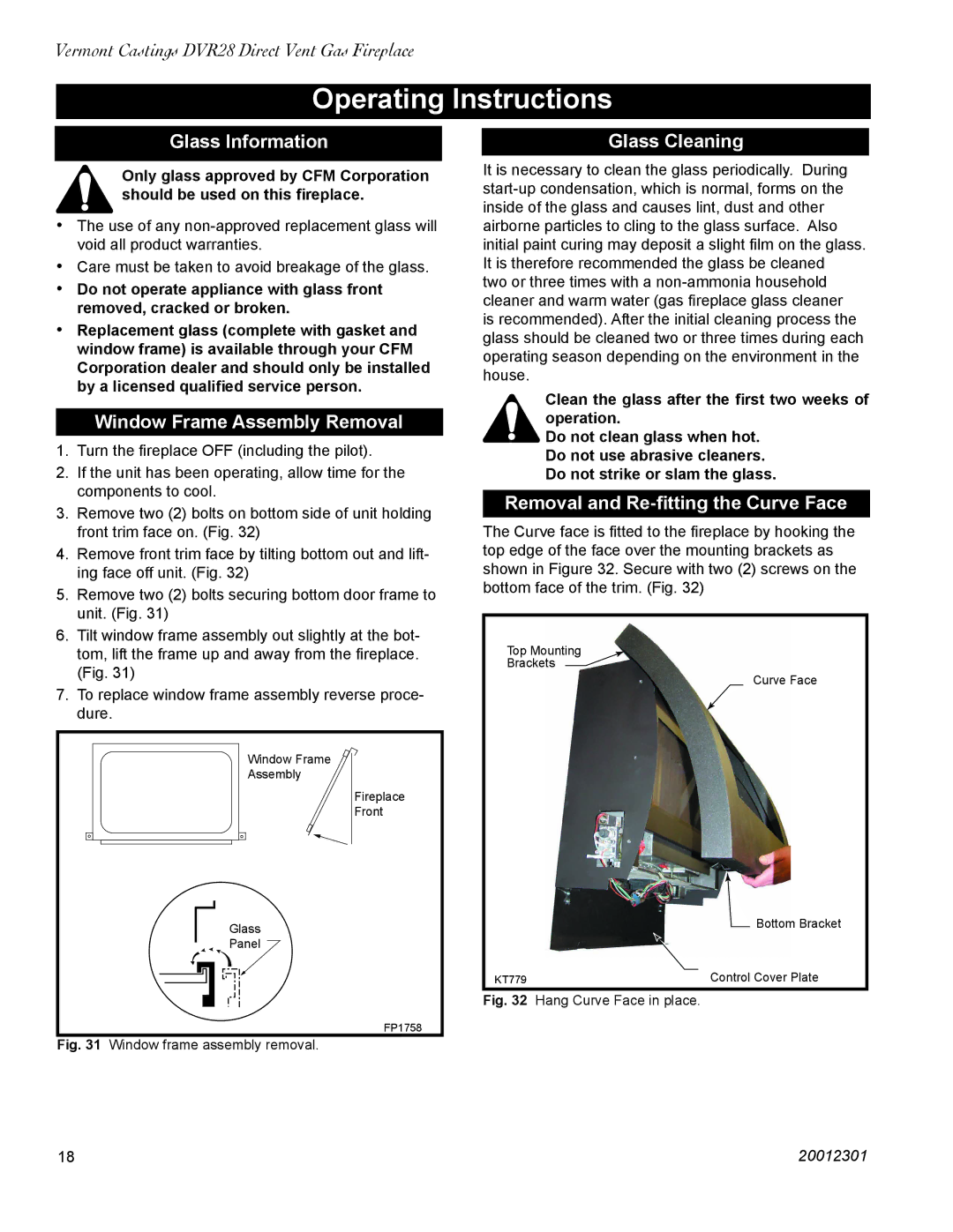 Vermont Casting DVR28IN Operating Instructions, Glass Information, Window Frame Assembly Removal, Glass Cleaning 