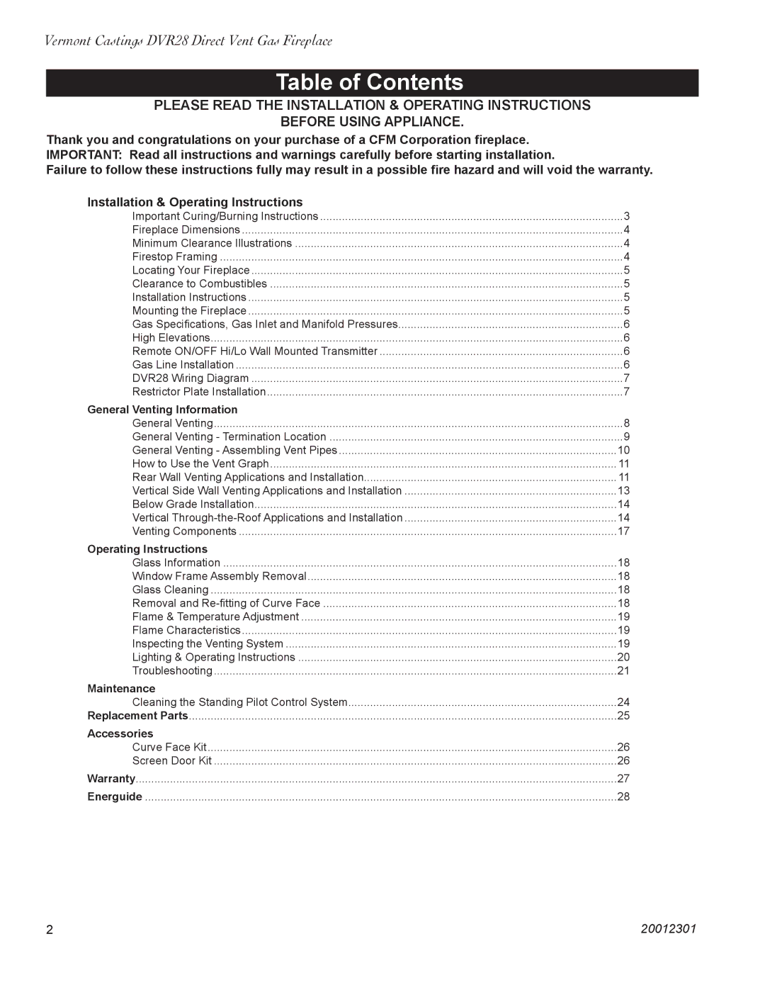 Vermont Casting DVR28IN installation instructions Table of Contents 