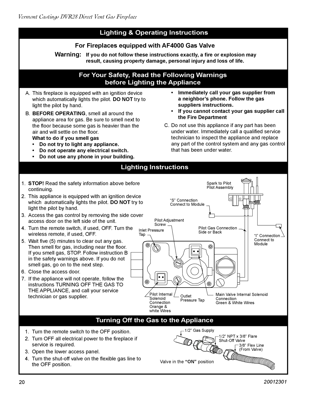 Vermont Casting DVR28IN Lighting & Operating Instructions, For Fireplaces equipped with AF4000 Gas Valve 