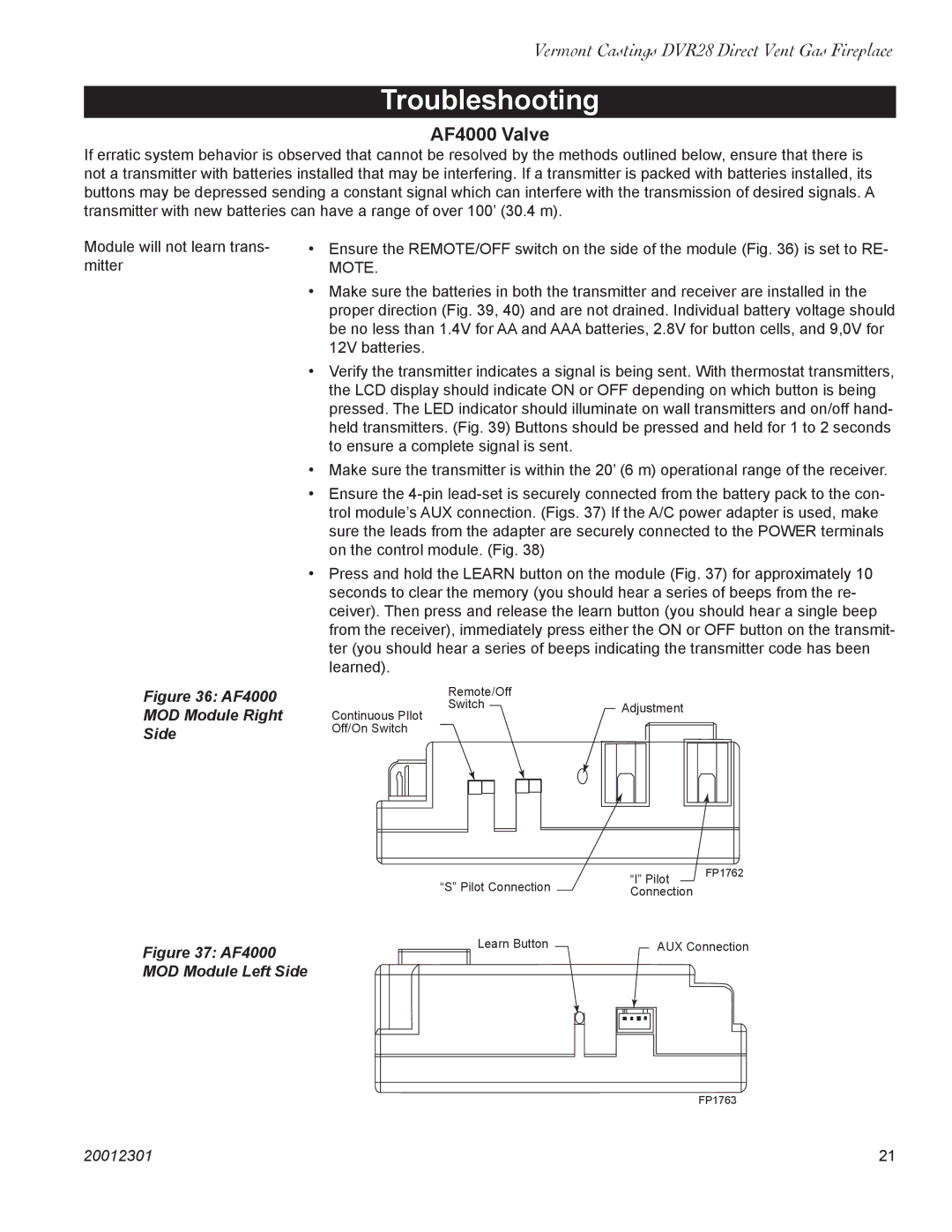 Vermont Casting DVR28IN installation instructions Troubleshooting, AF4000 Valve 