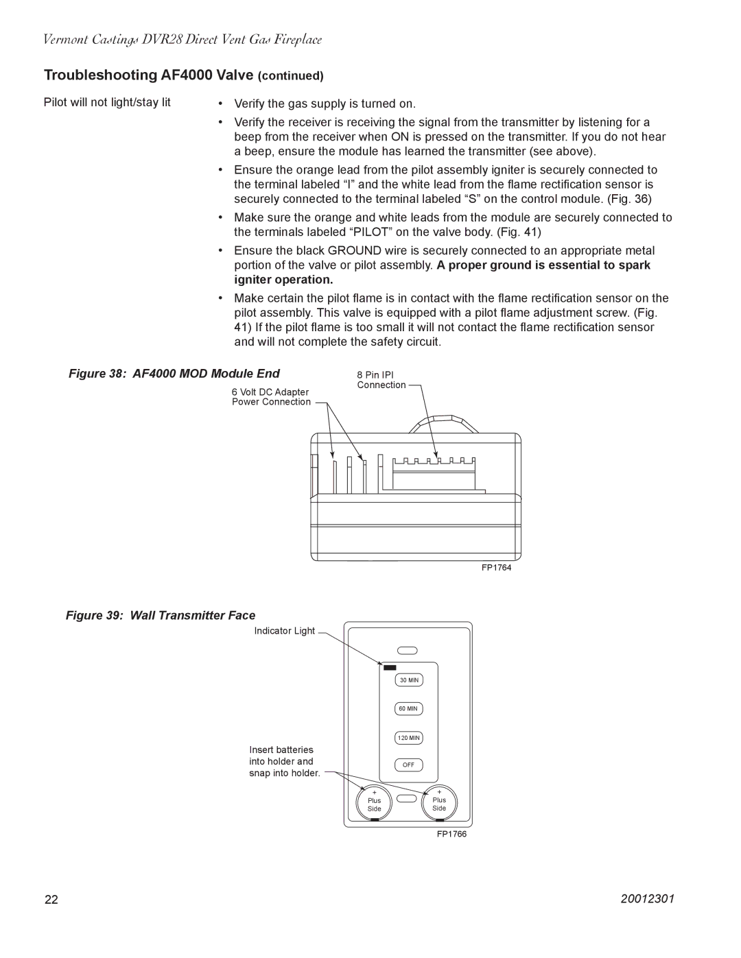 Vermont Casting DVR28IN installation instructions Troubleshooting AF4000 Valve, Igniter operation 