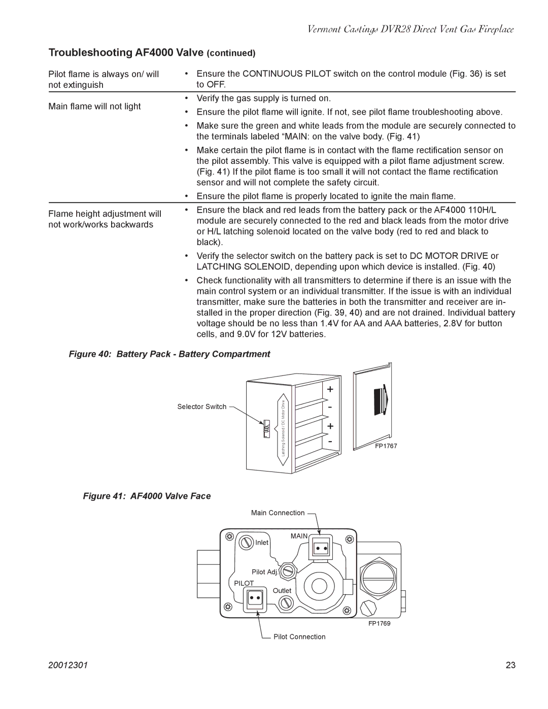 Vermont Casting DVR28IN installation instructions Troubleshooting AF4000 Valve 