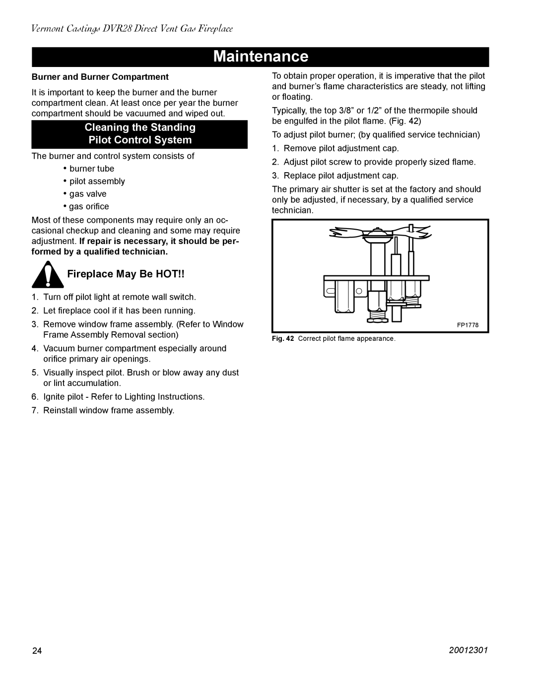 Vermont Casting DVR28IN Maintenance, Cleaning the Standing Pilot Control System, Fireplace May Be HOT 