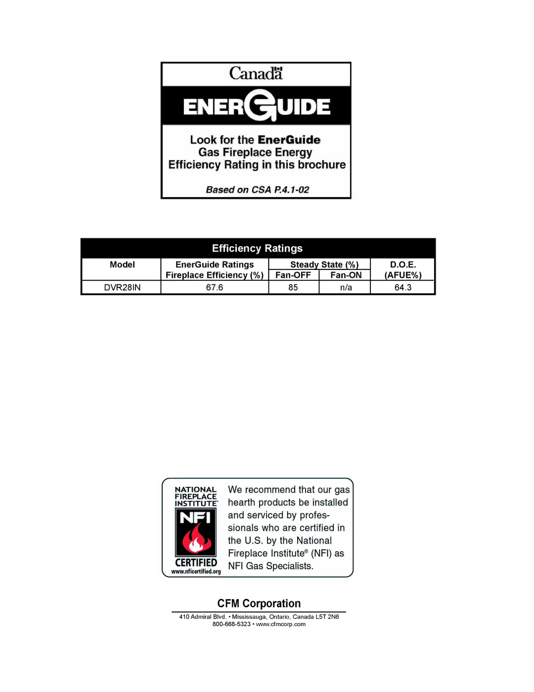 Vermont Casting DVR28IN installation instructions Efﬁciency Ratings, 67.6 64.3 