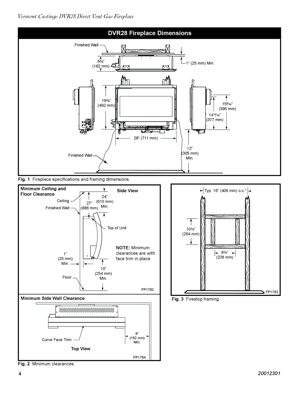 Vermont Casting DVR28IN DVR28 Fireplace Dimensions, Fireplace speciﬁcations and framing dimensions 