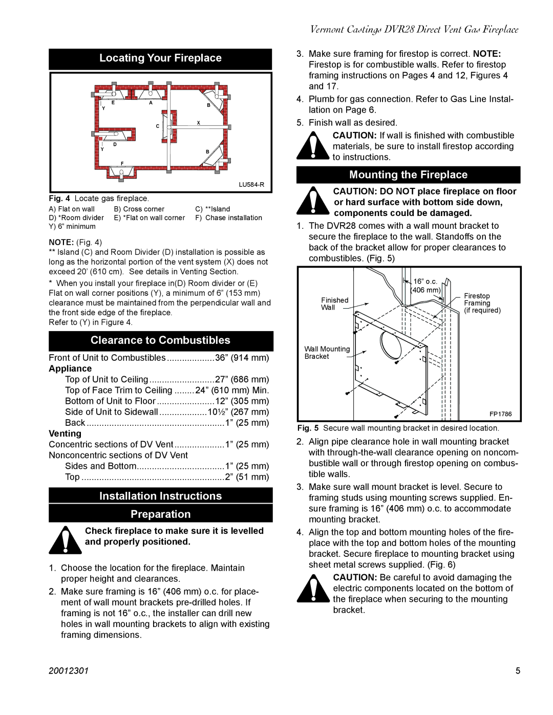 Vermont Casting DVR28IN Locating Your Fireplace, Mounting the Fireplace, Clearance to Combustibles 