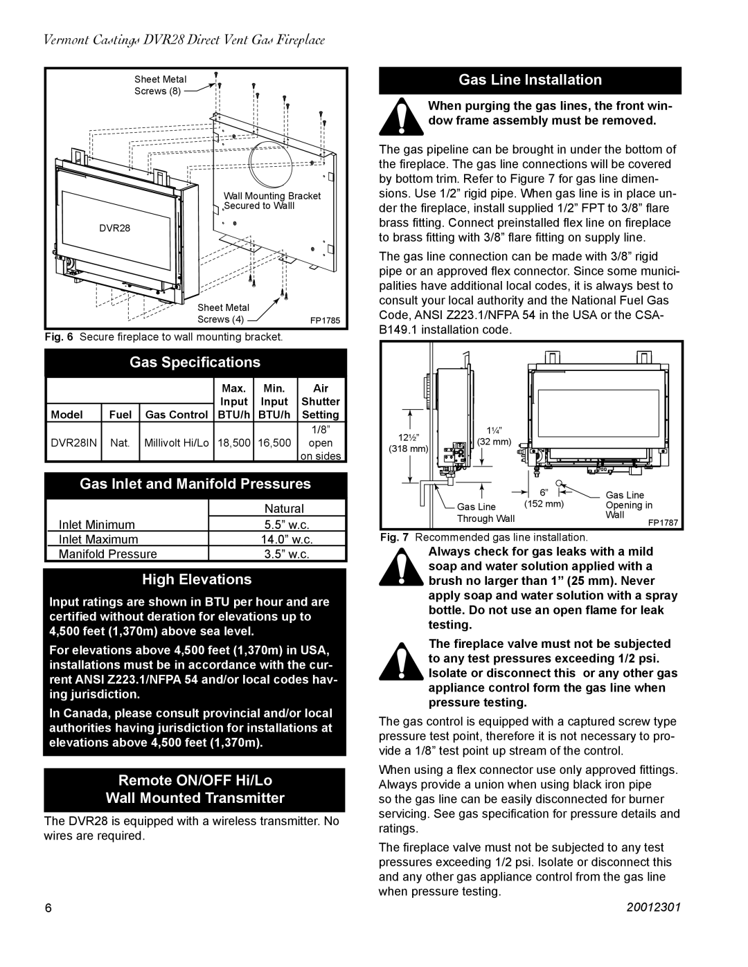 Vermont Casting DVR28IN Gas Speciﬁcations, Gas Inlet and Manifold Pressures, High Elevations, Gas Line Installation 