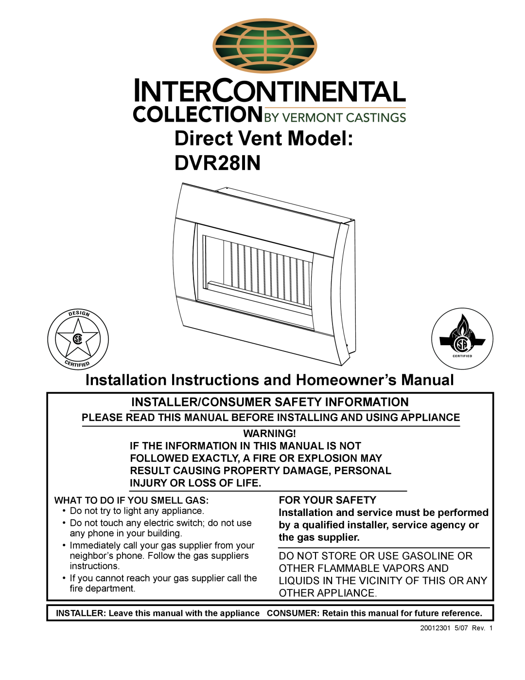 Vermont Casting installation instructions Installer/Consumer Safety Information, Direct Vent Model DVR28IN 
